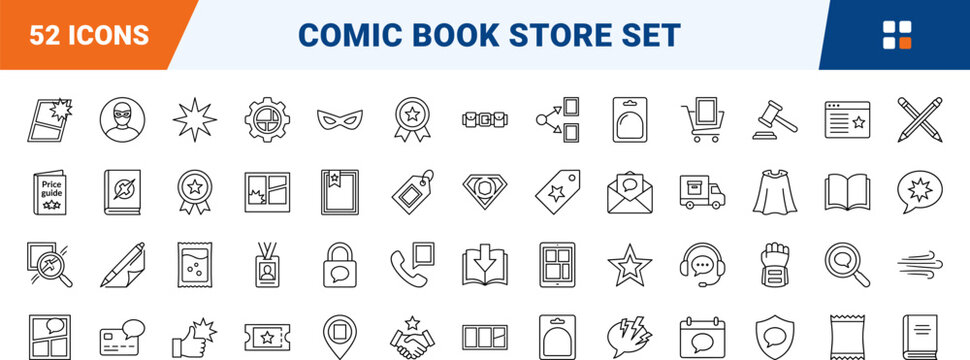 Comic book store line icon set. Vector pictograms of collector, novel, grading, and slab elements, thin linear illustration.