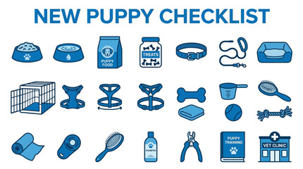 Fototapeta premium New puppy checklist icon set showing essential care, training, and grooming items in blue minimalist style 