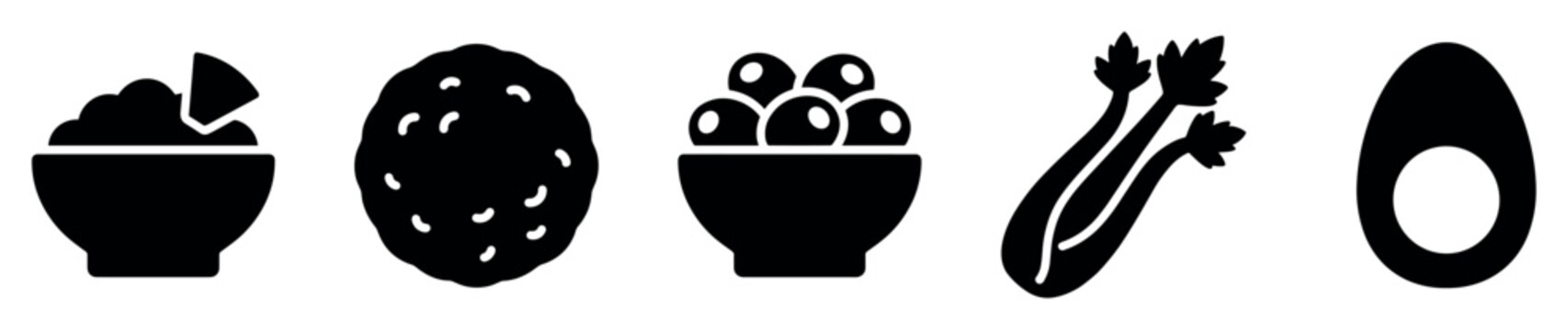 Food ingredient icons set. Cooking and healthy eating concept. Includes guacamole with chip, potato, olives in bowl, celery stalks, boiled egg. Solid black silhouette style