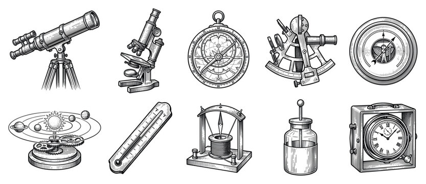 Science and navigation icons set. Vintage scientific instruments concept. Includes telescope, microscope, compass, sextant, barometer, orrery, thermometer, galvanometer, Leyden jar,