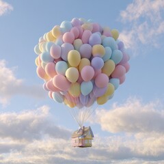 Fototapeta premium A soft clay house hovers in the sky, supported by colorful pastel balloons, creating a playful scene during daylight hours.