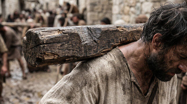 The prophet Jeremiah walking through the crowded streets of Jerusalem wearing a heavy wooden ox yoke around his neck as a dire warning