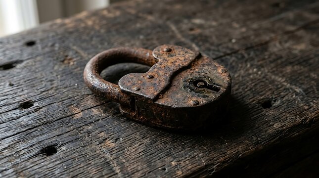 Old rusty metal padlock resting on a dark wooden workbench surface