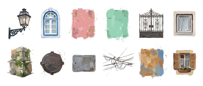 Urban elements icons set. City architecture and street details concept. Includes street lamp, arched window, painted wall, wrought iron gate, window with curtain, stone wall, manhole cover,