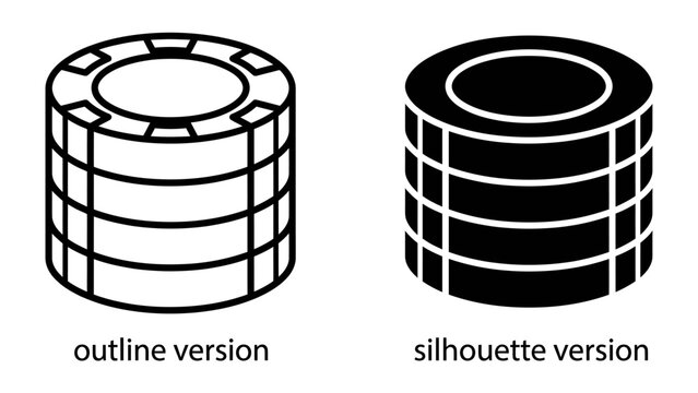 Stack of Chips, Outline and Silhouette: Two stylized stacks of casino chips, one in an outline style and the other a solid silhouette, represent gambling and gaming.