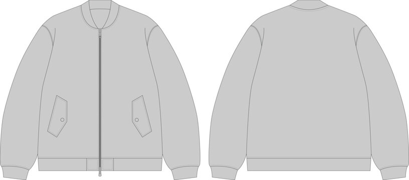 Gray bomber jacket technical drawing front and back views