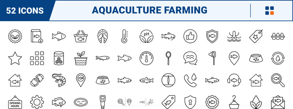 Fish farm line icon set. Vector pictograms of aquaculture, fish hatchery, seafood production, and water filtration elements, thin linear illustration.