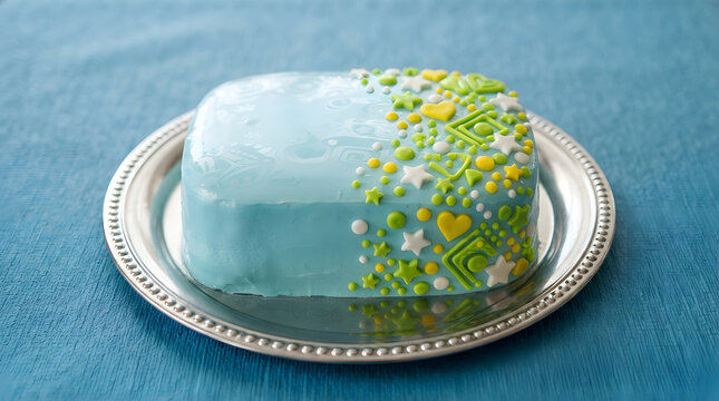 Blue cake with multicolor decors in random shapes on a silver baking pan on blue cloth table mat. Macro shot and isolated. Frutiger metro, simple cake, baking ideas