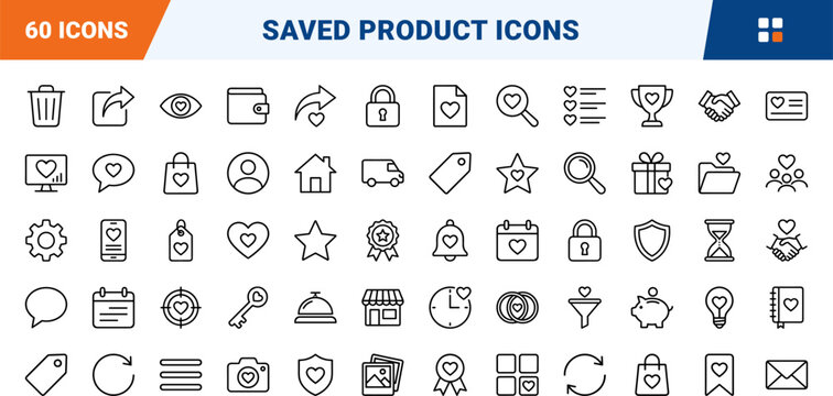 Wishlist page line icon set. Vector pictograms of bookmark, saved, items, and favorites elements, thin linear illustration.