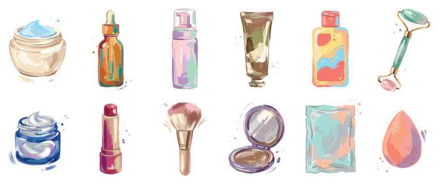 Skincare and makeup icons set. Beauty and cosmetic products concept. Includes cream jar, serum bottle, foam dispenser, lotion tube, face wash, jade roller, lipstick, brush, compact powder,