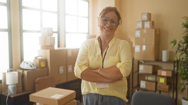 Woman with parcels and stacked boxes, arms crossed and smiling inside a building packing area, wearing glasses and badge; confidence entrepreneurship.