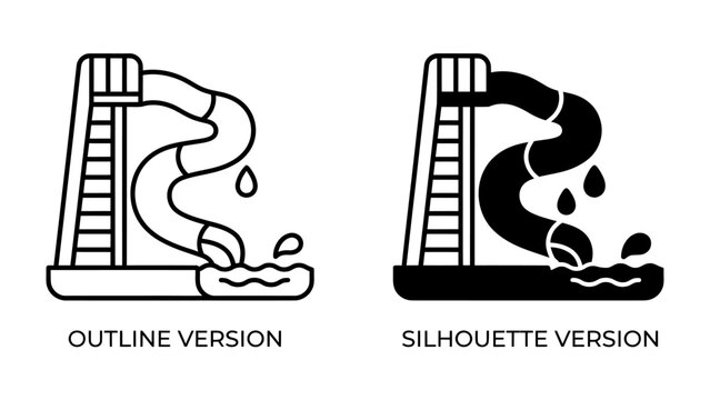 Water slide graphic: Two illustrations of a water slide, one in outline style and the other as a silhouette, showing water splashes at the bottom, perfect for summer themes or graphic resources.