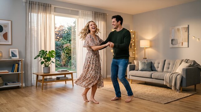 Happy couple dancing together in their living room.