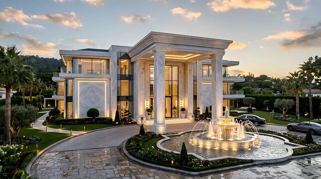 Luxurious modern mansion with marble facade and grand fountain at sunset