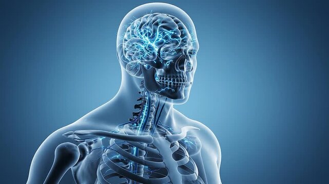 3D Medical Brain Anatomy A detailed anatomical illustration showcases the human brain and skeletal structure in a blue glowing 3D render highlighting neural pathways and cognitive functions