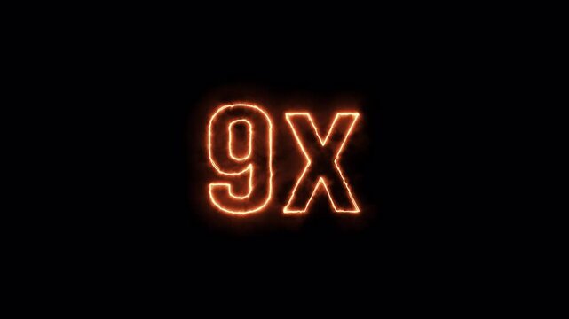 9X Neon Fire Text Animation on Black Background .9X Fire Number Animation for Multiplier, Boost Concept . Animation .Neon Red 9X Sign Burning Animation in 4K