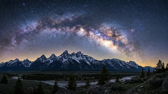 A vibrant arches over snow covered mountain peaks at night