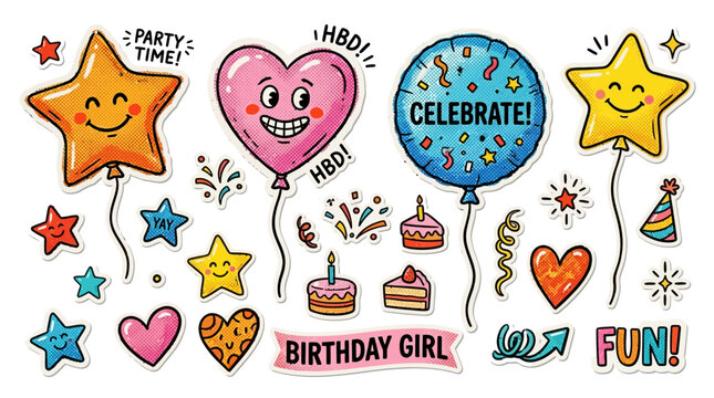 Cute birthday sticker set with cartoon balloons and cake, colorful party celebration elements, hand drawn doodle icons for birthday girl