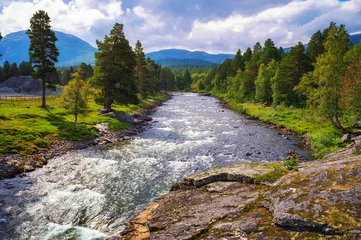 Scenic Rauma River rushes through green forest and rocky banks in Romsdalen Valley, Norway, with mountains and dramatic clouds in the background. © Nick Fox