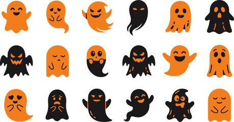 Fototapeta premium Halloween Ghost Character Collection Featuring Cute and Spooky Cartoon Designs in Orange and Black for Seasonal Artwork