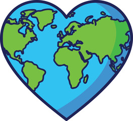 Obraz premium World in Heart Shape: A stylized illustration depicting the Earth as a heart, symbolizing love and care for our planet, with continents in green against a blue ocean backdrop.