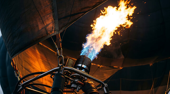 Hot Air Balloon Burner Flame Ignites for Flight, Producing Intense Heat and Light