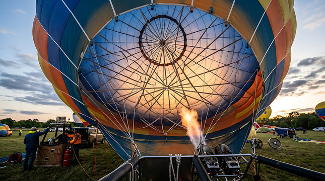 Inside a hot air balloon as a large flame ignites the fabric and structure, preparing for flight.