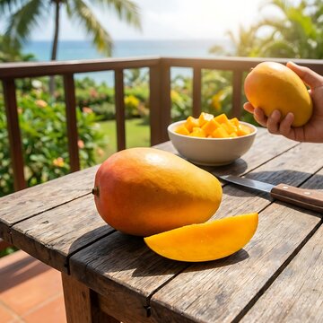 Person holding a fresh mango with a bowl of cubed fruit on a wooden table by the ocean