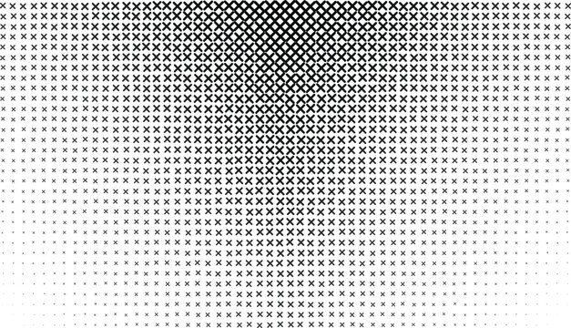 Black cross shape halftone pattern with a vertical gradient effect on a white background, for texture and, abstract visual