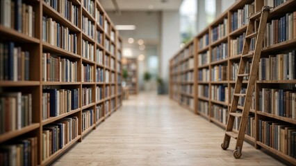 Obraz premium Empty Library Aisle with Wooden Bookshelves
