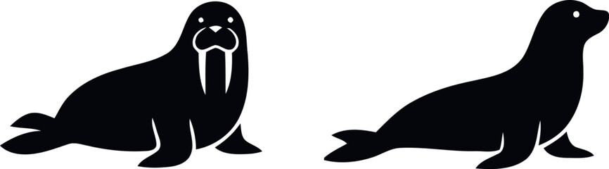 Walrus And Seal Silhouettes Black Shapes On A White Background Illustration marine © TofaelAhmed