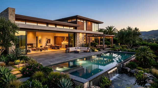 Modern luxury home with infinity pool and outdoor living space at sunset