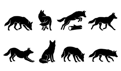 Black Silhouette Fox Wolf Wild Canine Animal Collection Isolated for Nature Wildlife Illustration Design Projects © Madhobe