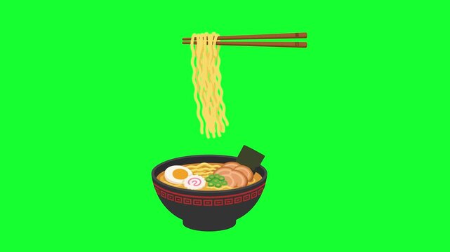 Animated Japanese ramen noodle bowl with chopsticks loop on green screen background for restaurant menu, Asian food, and motion graphic project.