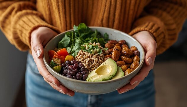 A person holding a vibrant bowl of fresh, healthy food featuring avocado, chickpeas, black beans, leafy greens, cherry tomatoes, and other nutritious vegetables. The wholesome meal represents clean ea