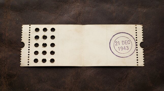 Vintage paper ticket with circular perforations and a stamped date of 21 december 1943 resting on a dark textured leather background surface