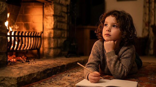 Young boy writing in notebook near burning brick fireplace.