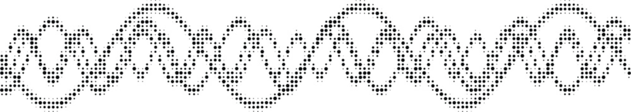 Black halftone multiple wave lines with gradient dots on a white background, abstract digital for audio and data signals