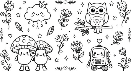 Fototapeta premium Vector illustration of cute nature friends coloring page for kids with owl mushrooms cloud and flowers coloring mushroom character illustration activity children educational printable