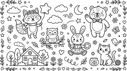 Fototapeta premium Vector illustration of cute woodland animals and characters coloring page with fox owl rabbit and bear coloring children creatures woodland painting elements collection whimsical friendship