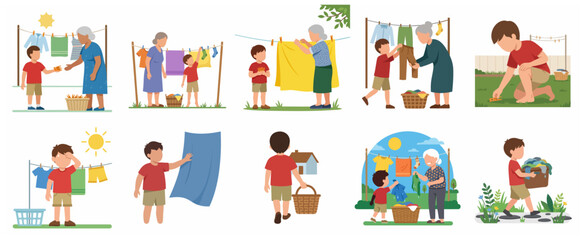 Fototapeta premium Grandson Helping Grandmother with Laundry and Outdoor Housework Illustration Set