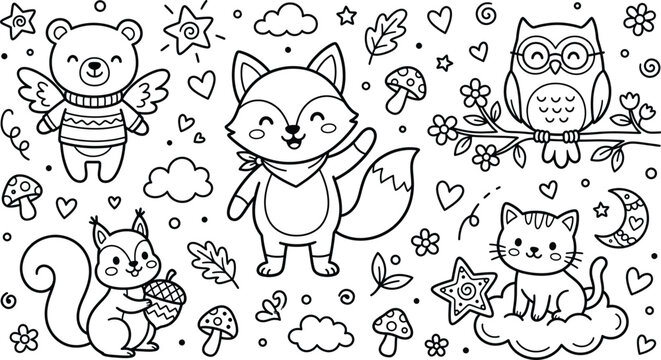 Vector illustration of cute forest animals coloring page featuring a bear fox owl squirrel and cat coloring squirrel wildlife children illustration woodland mushroom charachter creative