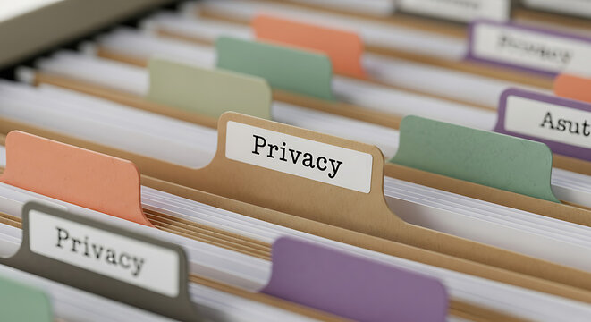 Filing cabinet with folders labeled 'Privacy' and other categories, representing data organization and confidentiality.