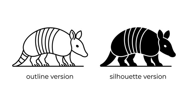 Armadillo Outline and Silhouette: A comparison of two stylized armadillo illustrations, one in outline form and the other as a solid silhouette, showcasing the unique armored mammal.