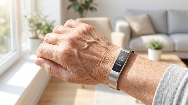 Elderly person"s hand wearing a fitness tracker showing heart rate, resting near a window in a cozy, well-lit living room.