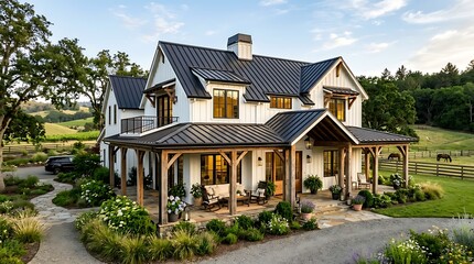 Naklejka premium Modern farmhouse with black metal roof and wraparound porch in a rural landscape