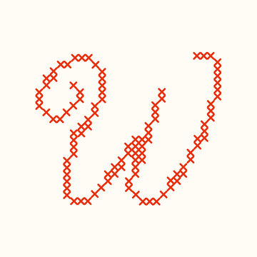 Red cross stitch letter W script typography isolated on white background. A textured cursive embroidery needlework letter for monograms, nursery decor, and handmade textile crafts. Vector illustration