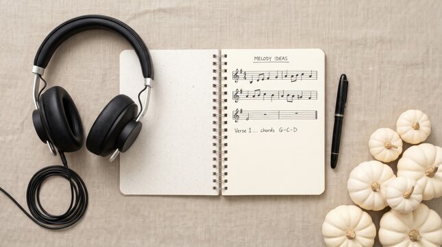 Overhead view of headphones, a pen, and an open notebook with musical notes and chords, surrounded by small white pumpkins on a beige fabric surface.