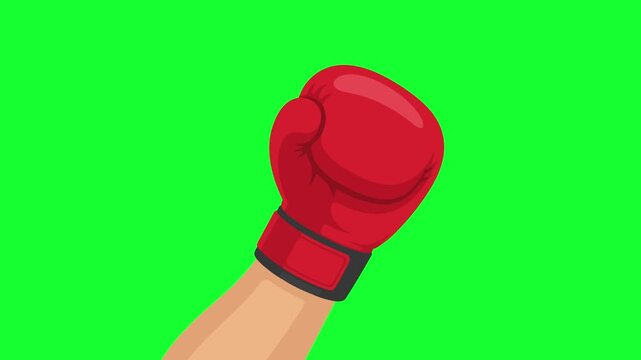 Animated hand wearing red boxing glove punching up loop on green screen background for boxing, fight, power, motivation, and sports video asset.