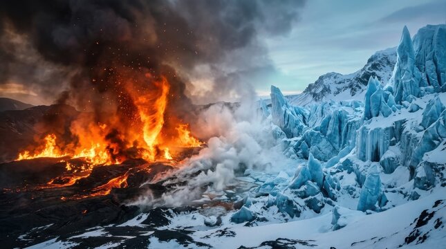 Fire and ice landscape collision. Dramatic natural disaster with flames meeting glacier.
